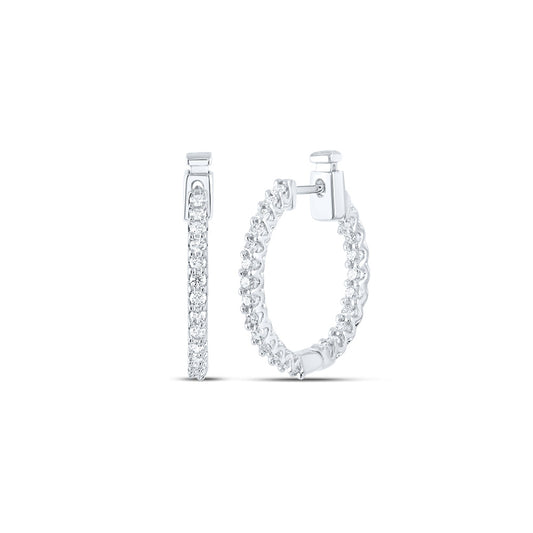 14K White Or Yellow Gold Womens Round Diamond Inside Outside Hoop Earrings