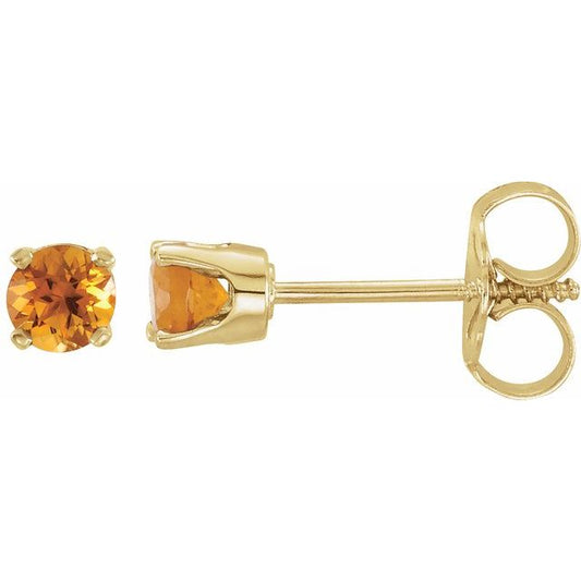 14K Yellow Gold Round Pair 3 Mm Threaded 4-Prong Polished Natural Citrine Youth Earrings With Backs