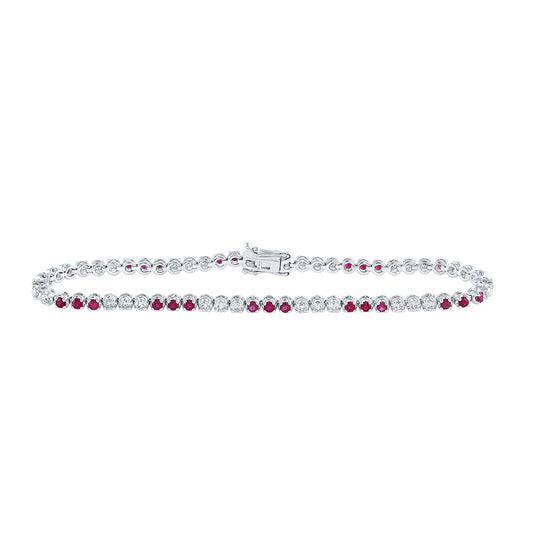 14K White Gold Womens Round Ruby Diamond Tennis Bracelet 2-1/2 Cttw