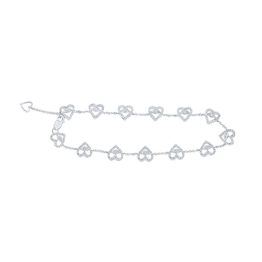 10K White Gold Womens Round Diamond Heart Bracelet 3/4 Cttw