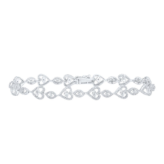10K White Gold Womens Round Diamond Heart Bracelet 1 Cttw
