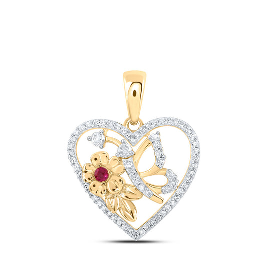 10K Yellow Gold Womens Round Ruby Diamond Butterfly Heart Pendant 1/5 Cttw