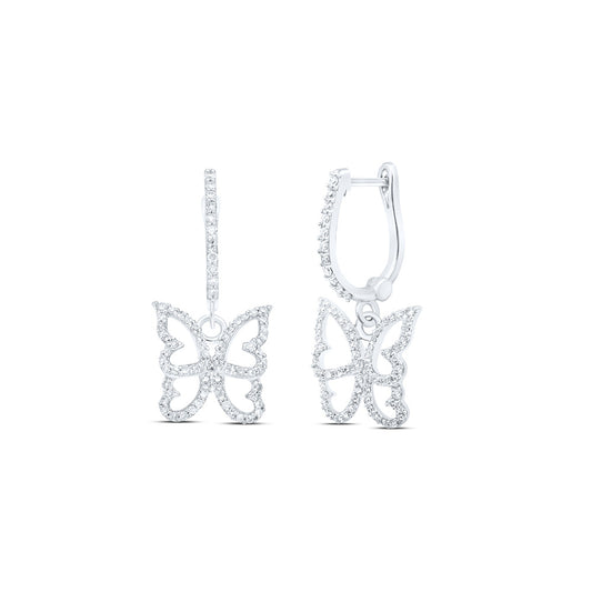 10K White Gold Womens Round Diamond Butterfly Dangle Earrings 3/8 Cttw