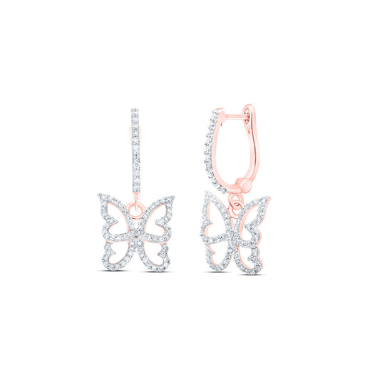 10K Yellow Or White Or Rose Gold Womens Round Diamond Butterfly Dangle Earrings