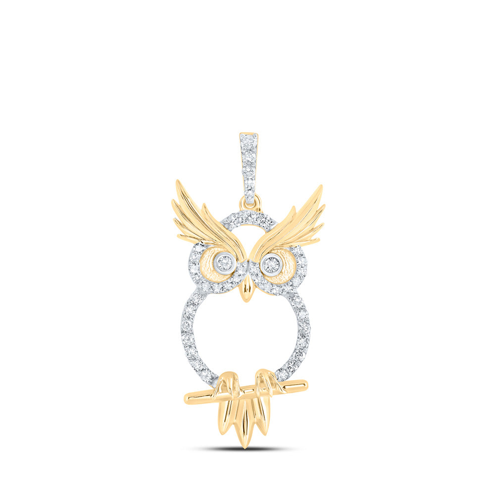 10K Yellow Gold Womens Round Diamond Owl Animal Pendant 1/3 Cttw, Length: 1.29 In, Width: 0.58 In