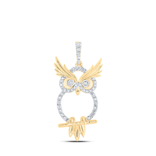 10K Yellow Gold Womens Round Diamond Owl Animal Pendant 1/3 Cttw, Length: 1.29 In, Width: 0.58 In