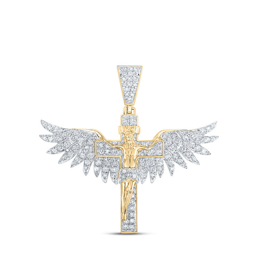 10K Yellow Gold Mens Round Diamond Jesus Wings Cross Charm Pendant 1 Cttw, Length: 1.41 In, Width: 1.46 In