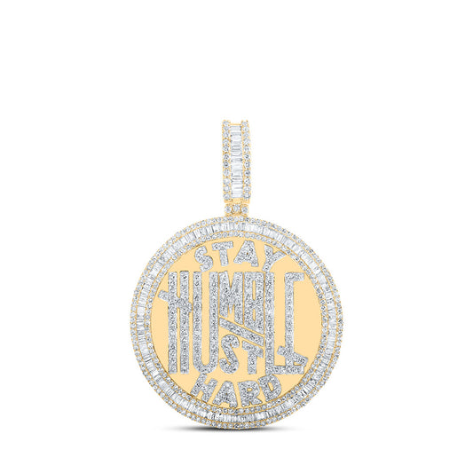 10K Yellow Gold Mens Baguette Diamond Stay Humble Hustle Hard Phrase Charm Pendant 3-3/4 Cttw, Length: 2.16 In, Width: 1.58 In