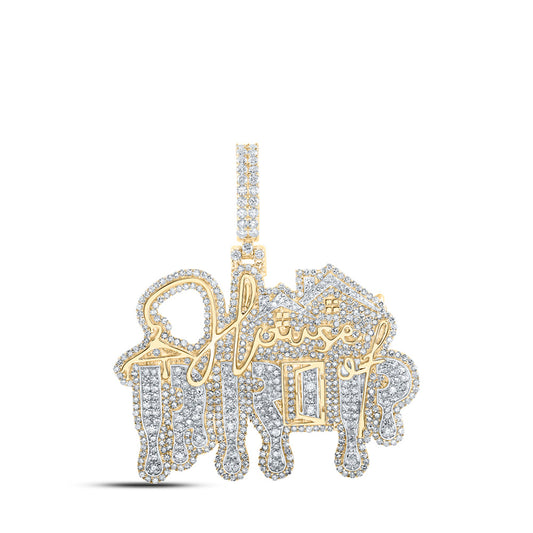 10K Yellow Gold Mens Round Diamond HOUSE OF DRIP Phrase Charm Pendant 2-7/8 Cttw, Length: 1.67 In, Width: 1.71 In