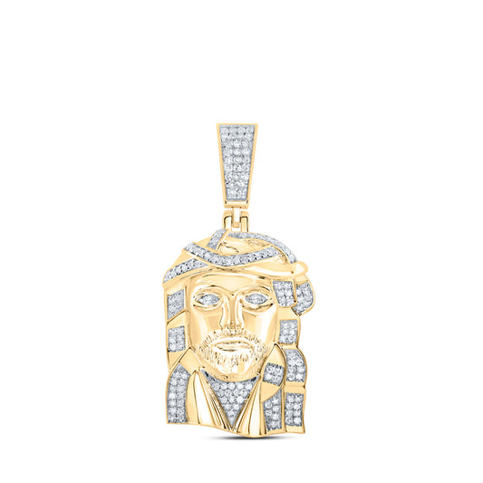 10K Yellow Gold Mens Round Diamond Jesus Face Charm Pendant 1/2 Cttw