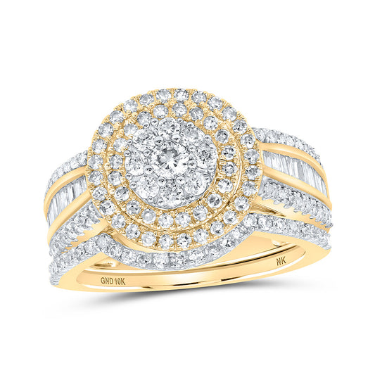 10K Yellow Gold Round Diamond Cluster Bridal Wedding Ring Band Set 1-1/4 Cttw, Womens Size: 5-10