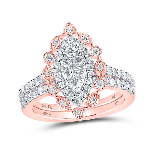 10K Yellow Or White Or Rose Gold Round Diamond Marquise-shape Bridal Wedding Ring Band Set , Womens Size: 5-10