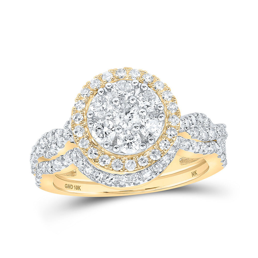 10K Yellow Or White Or Rose Gold Round Diamond Cluster Bridal Wedding Ring Band Set , Womens Size: 5-10