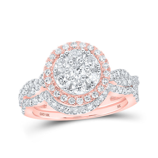 10K Yellow Or White Or Rose Gold Round Diamond Cluster Bridal Wedding Ring Band Set , Womens Size: 5-10