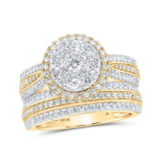 10K Yellow Gold Round Diamond Cluster Bridal Wedding Ring Band Set 1-1/2 Cttw, Womens Size: 5-10
