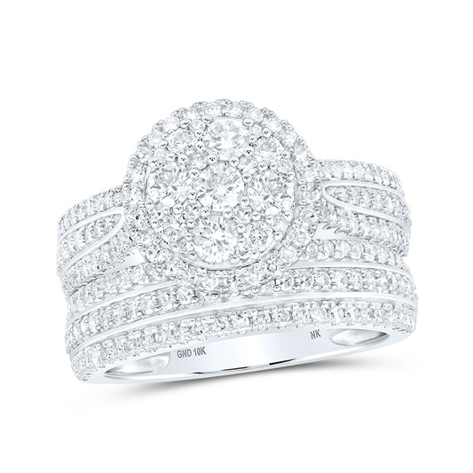 10K White Gold Round Diamond Cluster Bridal Wedding Ring Band Set 1-3/8 Cttw, Womens Size: 5-10