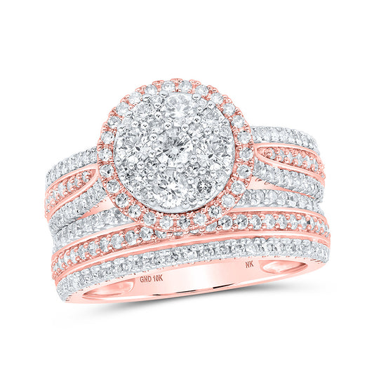 10K Yellow Or Rose Gold Round Diamond Cluster Bridal Wedding Ring Band Set, Womens Size: 5-10