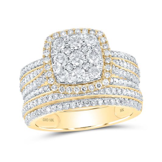 10K Yellow Gold Round Diamond Square Cluster Bridal Wedding Ring Band Set 1-1/2 Cttw, Womens Size: 5-10