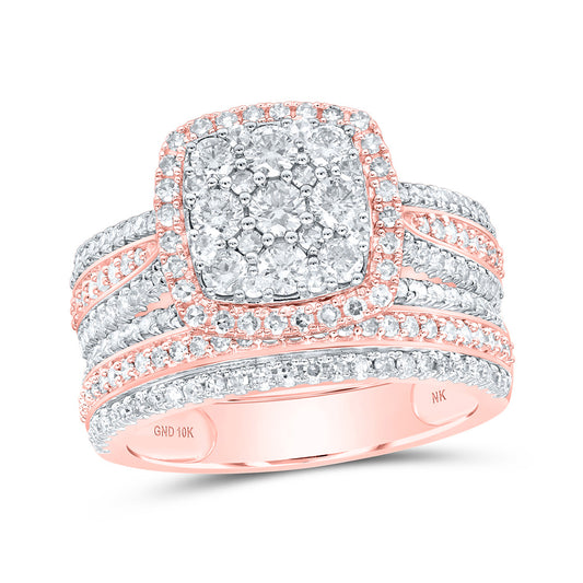 10K Yellow Or White Or Rose Gold Round Diamond Square Cluster Bridal Wedding Ring Band Set, Womens Size: 5-10