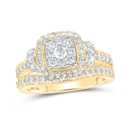 10K Yellow Gold Round Diamond Halo Bridal Wedding Ring Band Set 1 Cttw, Womens Size: 5-10