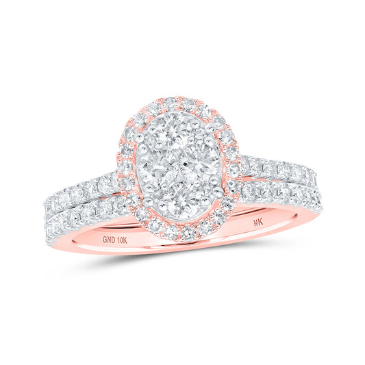 10K Yellow Or White Or Rose Gold Round Diamond Halo Bridal Wedding Ring Band Set , Womens Size: 5-10