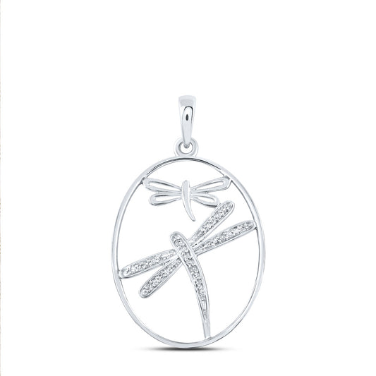 Sterling Silver Womens Round Diamond Dragonfly Oval Pendant 1/10 Cttw, Length: 1.33 In, Width: 0.73 In