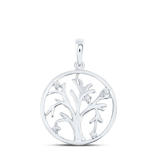 Sterling Silver Womens Round Diamond Tree Circle Pendant 1/20 Cttw, Length: 1.15 In, Width: 0.78 In