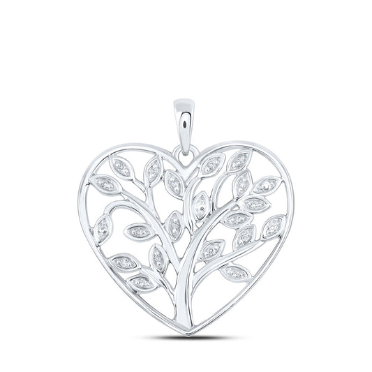 Sterling Silver Womens Round Diamond Tree Heart Pendant 1/12 Cttw, Length: 1.08 In, Width: 0.98 In