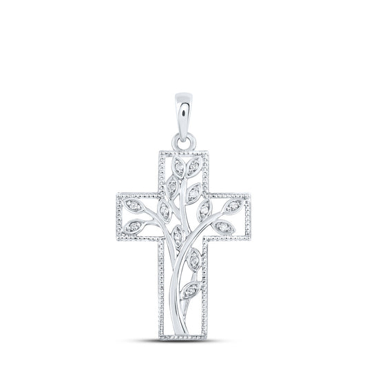 Sterling Silver Womens Round Diamond Cross Pendant 1/12 Cttw, Length: 1.33 In, Width: 0.73 In