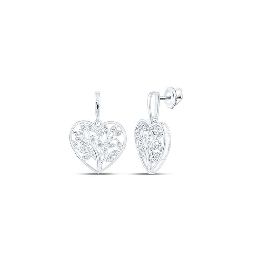 Sterling Silver Womens Round Diamond Heart Dangle Earrings 1/10 Cttw, Length: 0.88 In, Width: 0.64 In