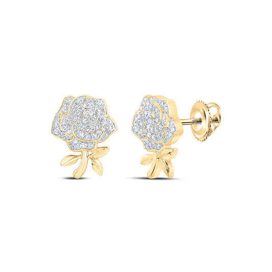 10K Yellow Gold Womens Round Diamond Rose Flower Earrings 1/3 Cttw
