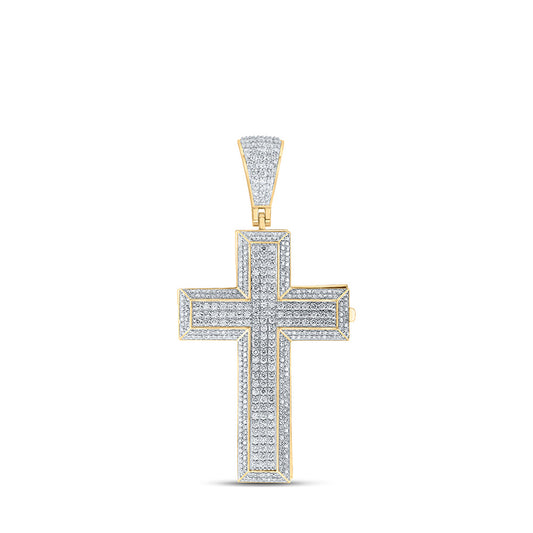 10K Yellow Gold Mens Round Diamond Coffin Cross Charm Pendant 7-5/8 Cttw
