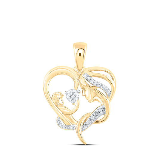 10K Yellow Gold Womens Round Diamond Mother Child Heart Pendant 1/6 Cttw, Length: 0.87 In, Width: 0.61 In