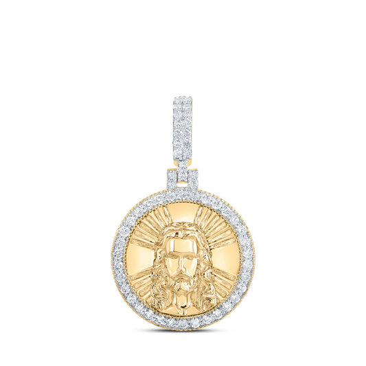 10K Yellow Gold Mens Round Diamond Jesus Face Circle Charm Pendant 3/4 Cttw, Length: 1.29 In, Width: 0.79 In