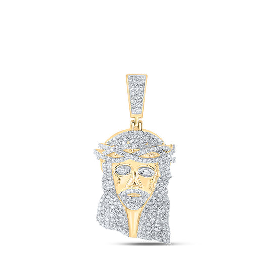 10K Yellow Gold Mens Round Diamond Jesus Face Charm Pendant 2-1/3 Cttw