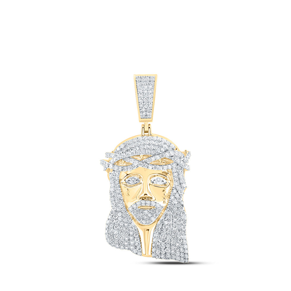10K Yellow Gold Mens Round Diamond Jesus Face Charm Pendant 6-1/3 Cttw