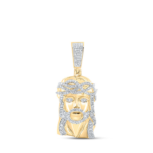 10K Yellow Gold Mens Round Diamond Jesus Face Charm Pendant 5/8 Cttw, Length: 1.46 In, Width: 0.65 In