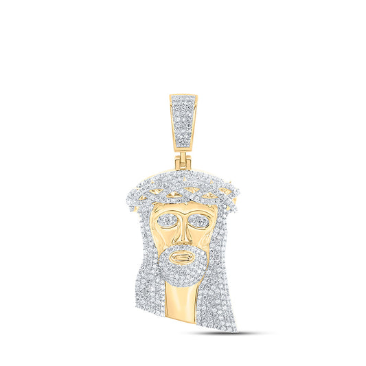 10K Yellow Gold Mens Round Diamond Jesus Face Charm Pendant 5 Cttw, Length: 2.89 In, Width: 1.16 In