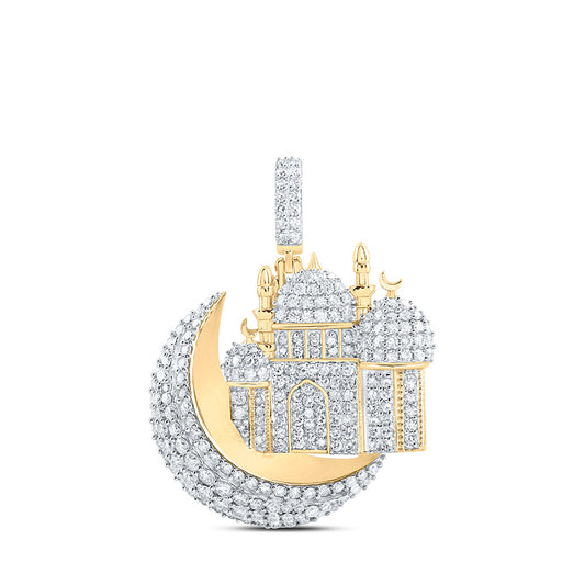 10K Yellow Gold Mens Round Diamond Masjid Islam Charm Pendant 2-1/3 Cttw