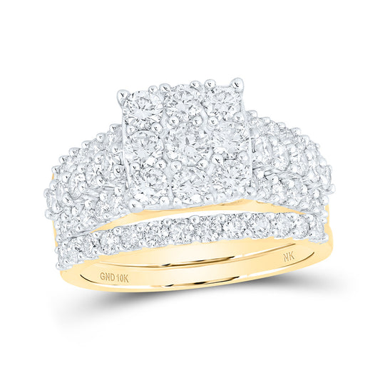 10K Yellow Gold Round Diamond Square Bridal Wedding Ring Band Set 2 Cttw, Womens Size: 5-10