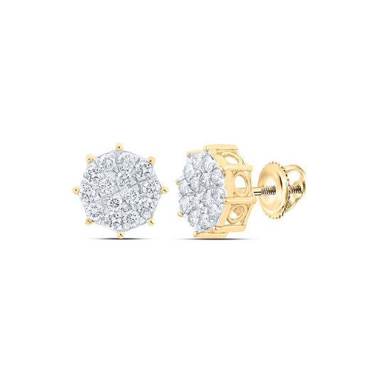 10K Yellow Gold Womens Round Diamond Octagon Cluster Earrings 7/8 Cttw