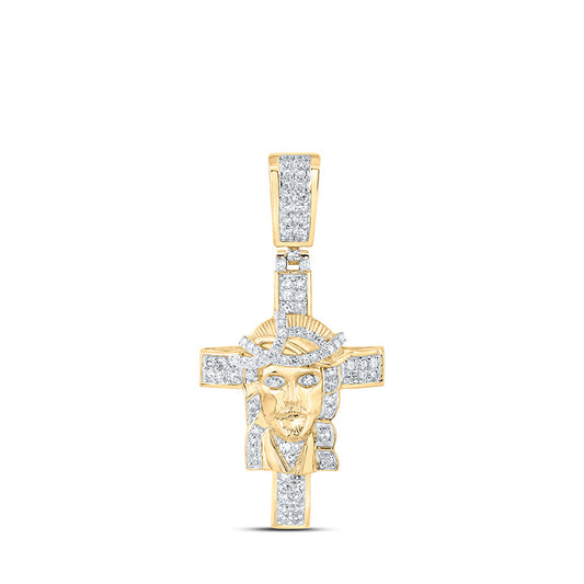 10K Yellow Gold Mens Round Diamond Jesus Cross Charm Pendant 1/2 Cttw