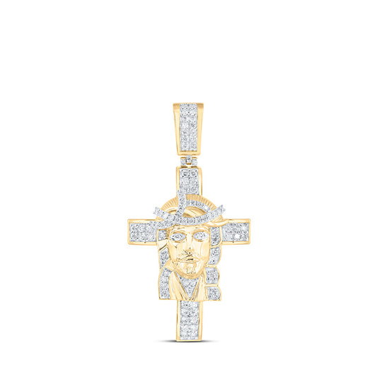 10K Yellow Gold Mens Round Diamond Jesus Cross Charm Pendant 1 Cttw