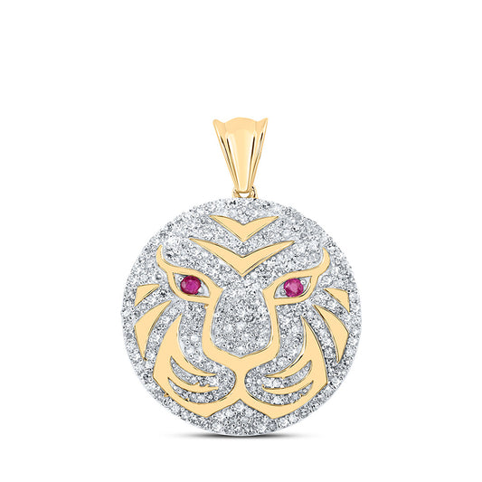 10K Yellow Gold Mens Round Diamond Lion Face Circle Charm Pendant 1 Cttw