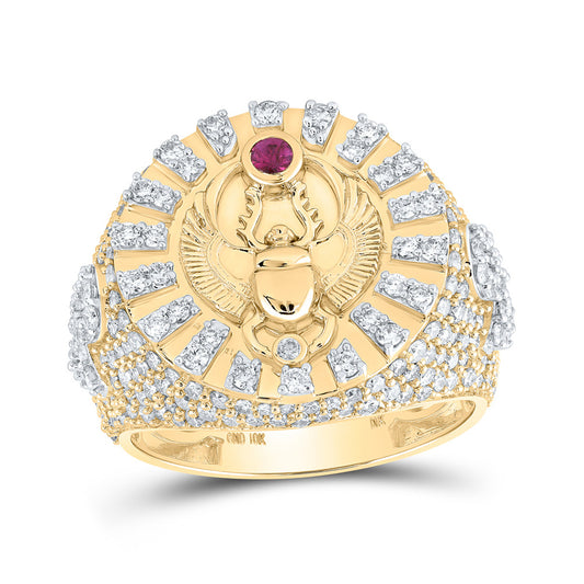 10K Yellow Gold Mens Round Ruby Diamond Scarab Circle Ring 2-5/8 Cttw, Mens Size: 7-13
