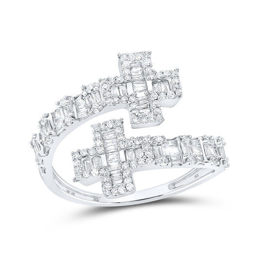 10K Yellow Or White Or Rose Gold Womens Round Diamond Cross Cuff Band Ring , Womens Size: 5-10