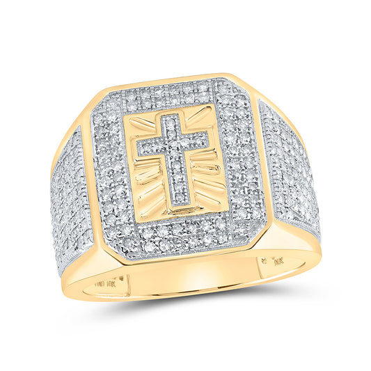 10K Yellow Gold Mens Round Diamond Cross Ring 1-3/8 Cttw, Mens Size: 7-13