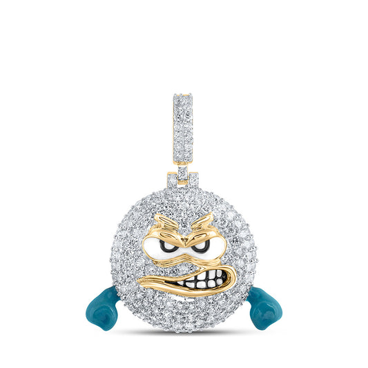 10K Yellow Gold Mens Round Diamond Angry Rage Emoji Charm Pendant 1-3/4 Cttw