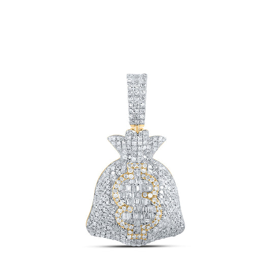 10K Yellow Gold Mens Round Diamond Money Bag Dollar Charm Pendant 1-7/8 Cttw