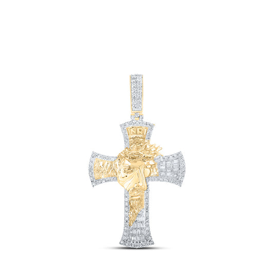 10K Yellow Gold Mens Baguette Diamond Jesus Face Cross Charm Pendant 1 Cttw